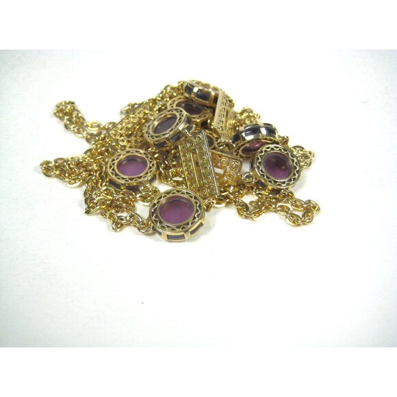 Goldtone Necklace Purple Plastic Stones Filigree Art Deco STYLE 55 inch - Picture 5 of 11
